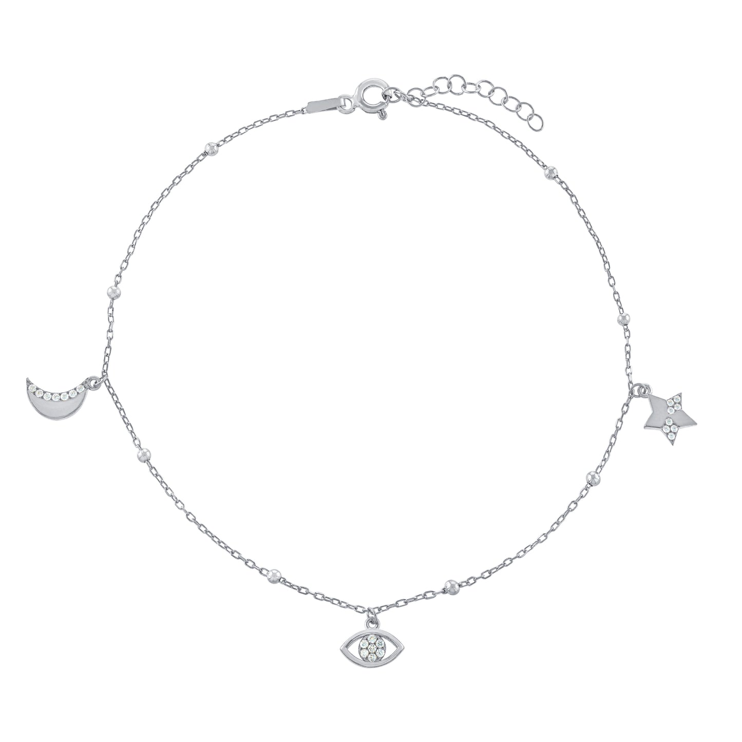 Sterling Silver CZ Moon/Eye/Star Anklet