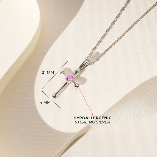 Sterling Silver Pink CZ Cross Children's Necklace