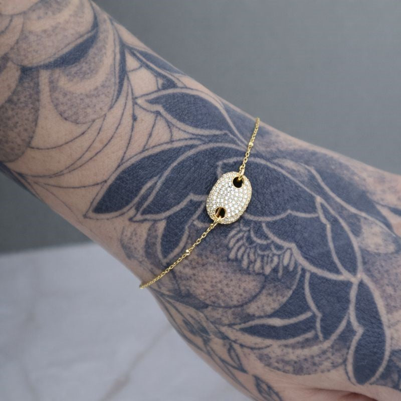 14K Gold Plated Pave Set CZ Gucci Puff Link Bracelet
