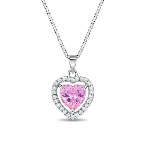 Sterling Silver Pink & White CZ Heart Children's Necklace