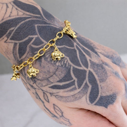 10K Gold Plated 7" Elephant Dangle Charm Bracelet