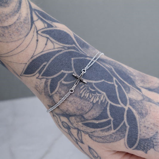 Sterling Silver Black Diamond Double Chain Cross Bracelet