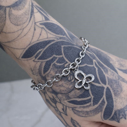 Sterling Silver 7.5" Dual-Sided Butterfly Dangle Charm Bracelet