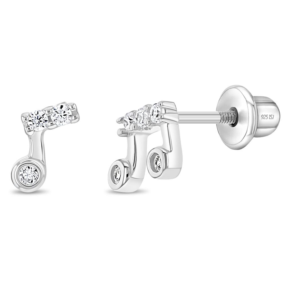 Sterling Silver Clear CZ Music Notes Children's Earrings