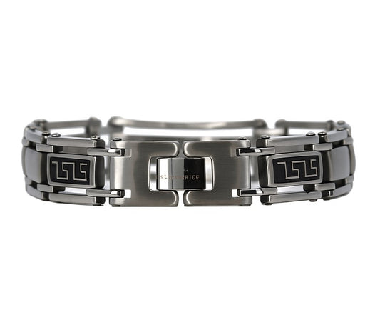 Stainless Steel Black Rhodium Greek Key Link 8.7" Bracelet