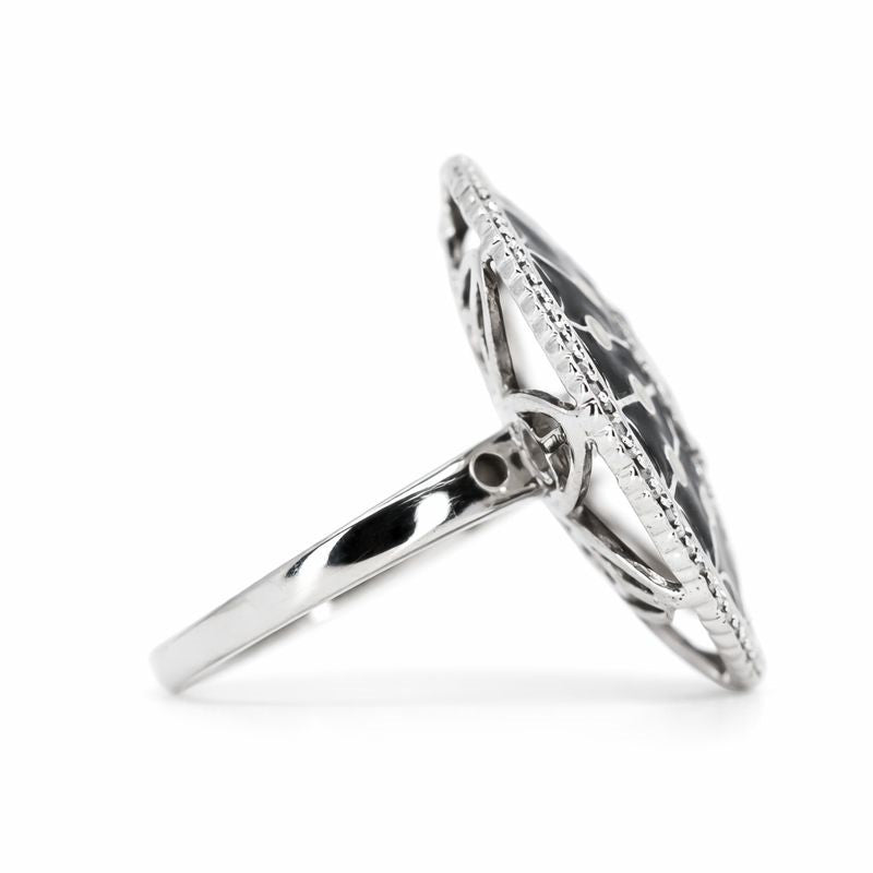 Sterling Silver Black Enamel Diamond Round Ring