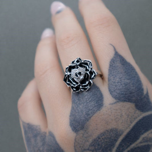 Sterling Silver Black Enamel Diamond Flower Ring