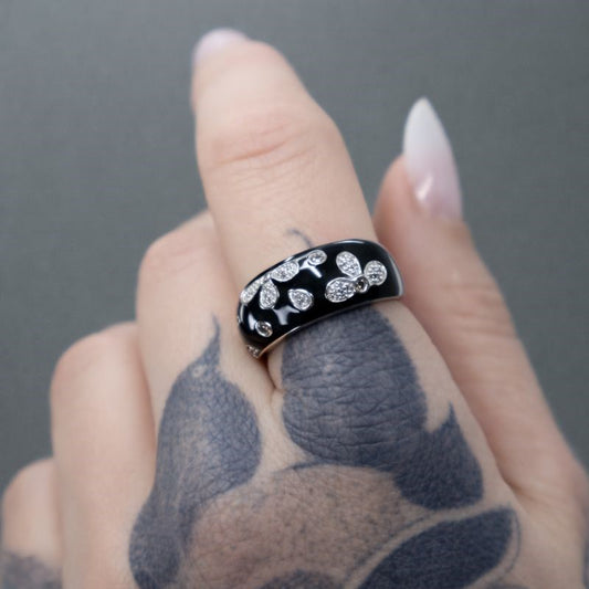 Sterling Silver Black Enamel Diamond Vintage Flower Ring