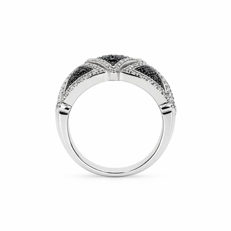 Sterling Silver Black & White Diamonds Alternating Triangle Ring