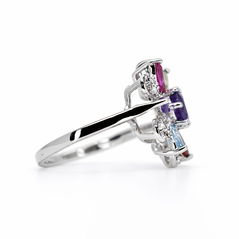 Sterling Silver Multicolor Gemstone & Diamond Flower Ring