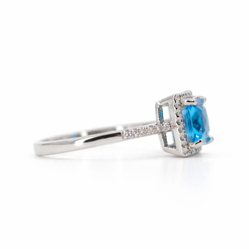 Rhodium-Plated Light Blue & White CZ Square Halo Ring