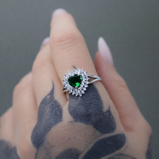 Sterling Silver White & Green CZ Heart Ring