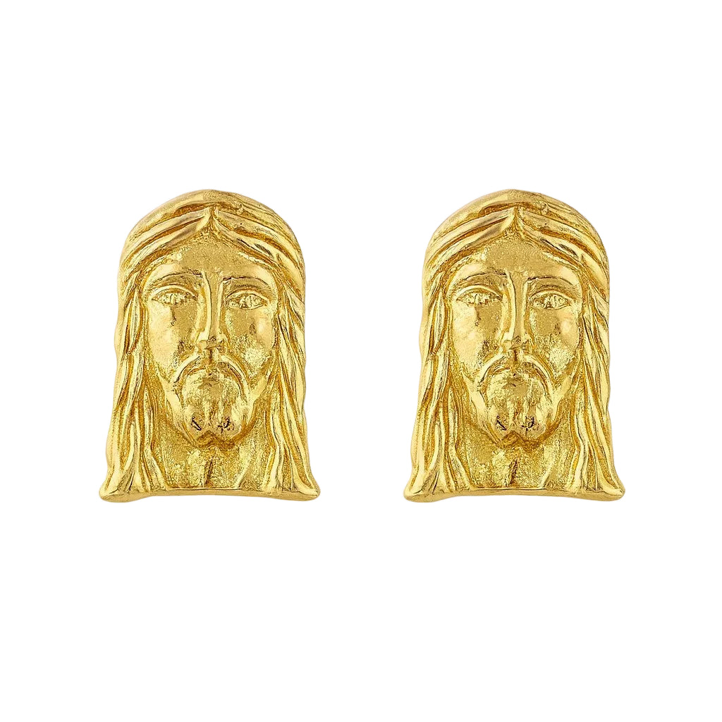 10K Yellow Gold Jesus Face Diamond Cut Stud Earrings