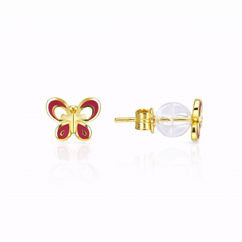 14K Yellow Gold Pink Enamel Butterfly Stud Earrings