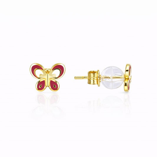 14K Yellow Gold Pink Enamel Butterfly Stud Earrings