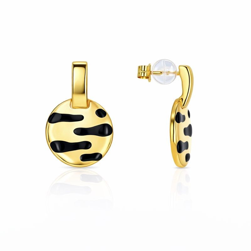 14K Yellow Gold Vintage Enamel Zebra Circle Drop Stud Earrings