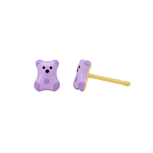 10K Yellow Gold Purple Teddy Bear Stud Earrings
