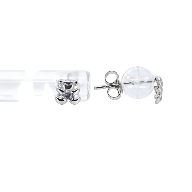 14K White Gold CZ Teddy Bear Stud Earrings