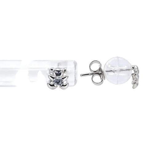 14K White Gold CZ Teddy Bear Stud Earrings