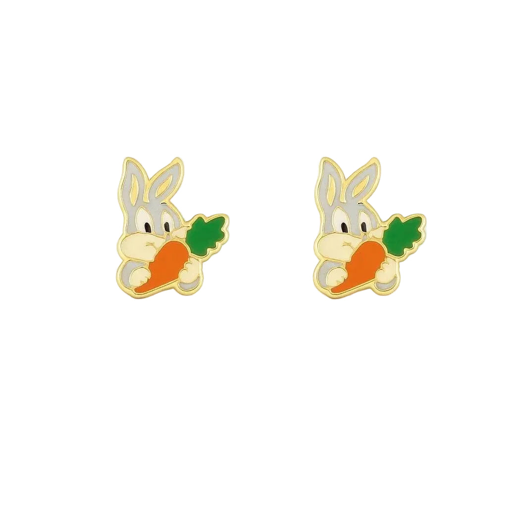 14K Yellow Gold Enameled Bunny with Carrot Stud Earrings