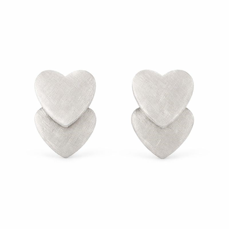 14K White Gold Satin Dangle Double Heart Stud Earrings
