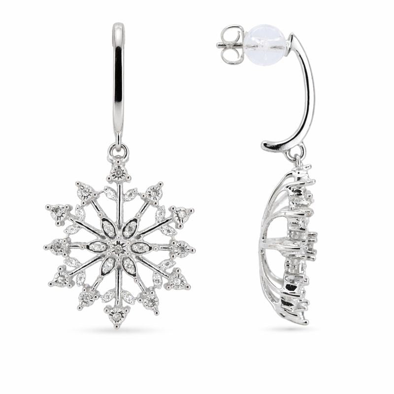 Sterling Silver Pavé Set Diamond Snowflake Dangle Stud Earrings