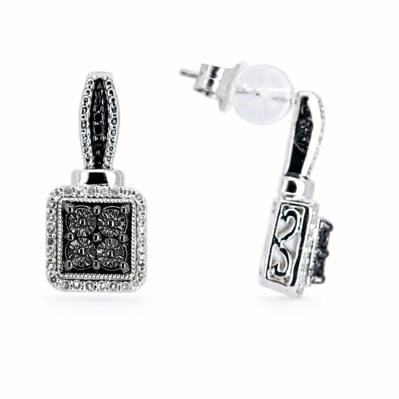 Sterling Silver Black & White Diamond Dangle Stud Earrings