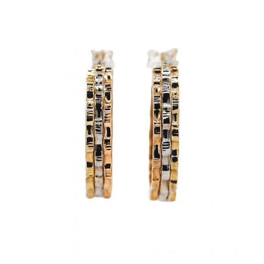 14K Tri-Color Multi-Row High Polish Link Design Hoop Earrings