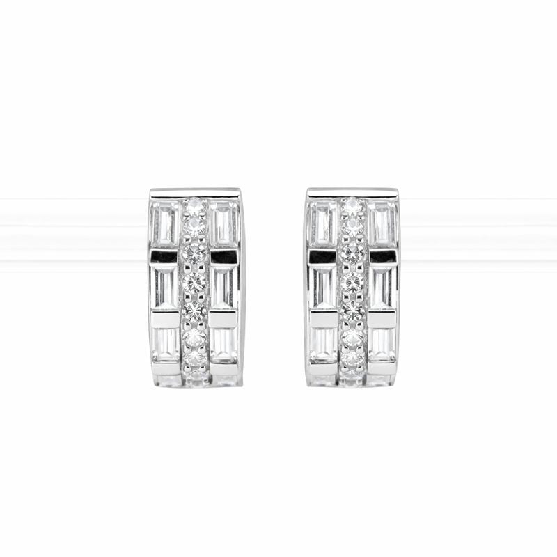 14K White Gold Three-Row Channel Set CZ Baguette 5mm Hoop Earrings