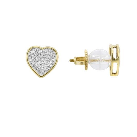 14K Yellow Gold Plated Pavé Set Diamond Heart Stud Earrings