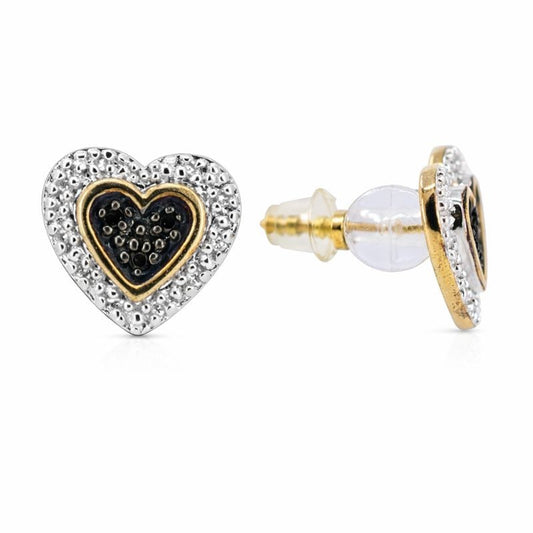 14K Gold Plated Black & White Diamond Heart Stud Earrings