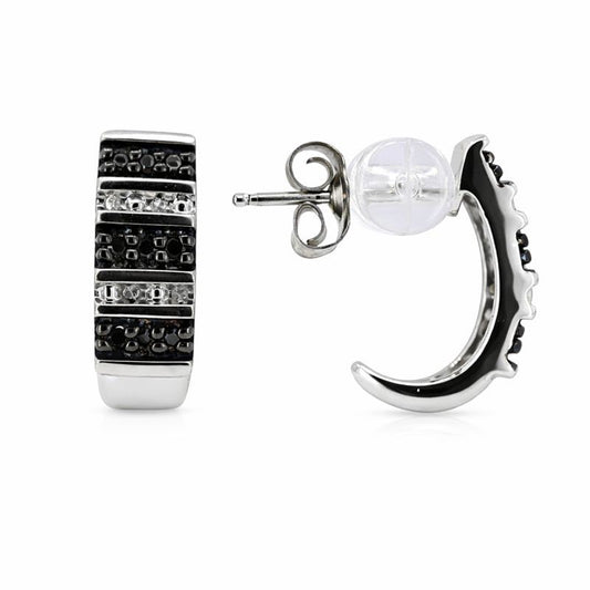 Sterling Silver Black & White Diamond Stripe J Hoop Stud Earrings