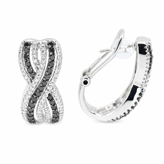 Sterling Silver Black & White Criss-Cross Prong Set Diamond Vintage Stud Earrings