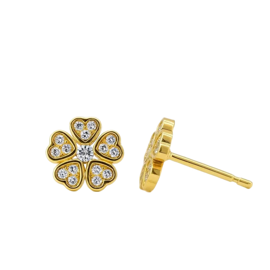 14K Yellow Gold CZ Heart Flower Stud Earrings