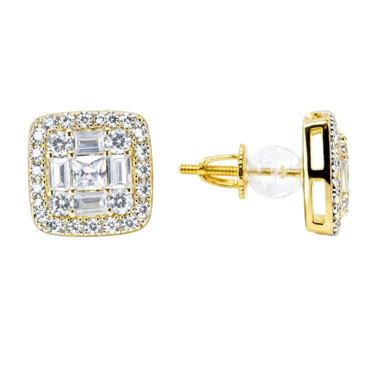 Sterling Silver Gold Plated CZ Baguette Square Stud Earrings