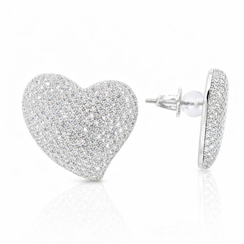 Rhodium Plated CZ Heart Stud Earrings