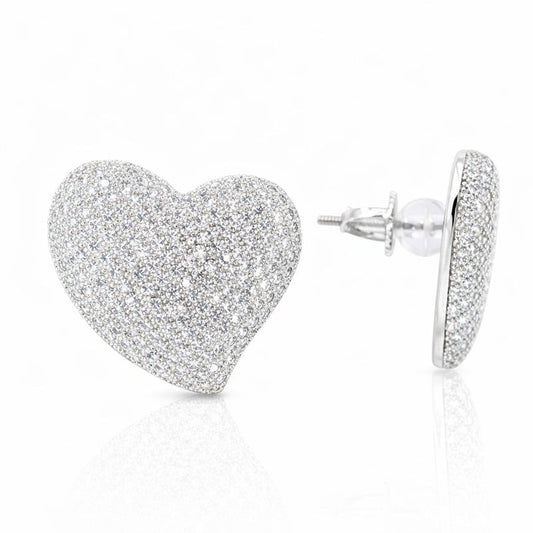 Rhodium Plated CZ Heart Stud Earrings