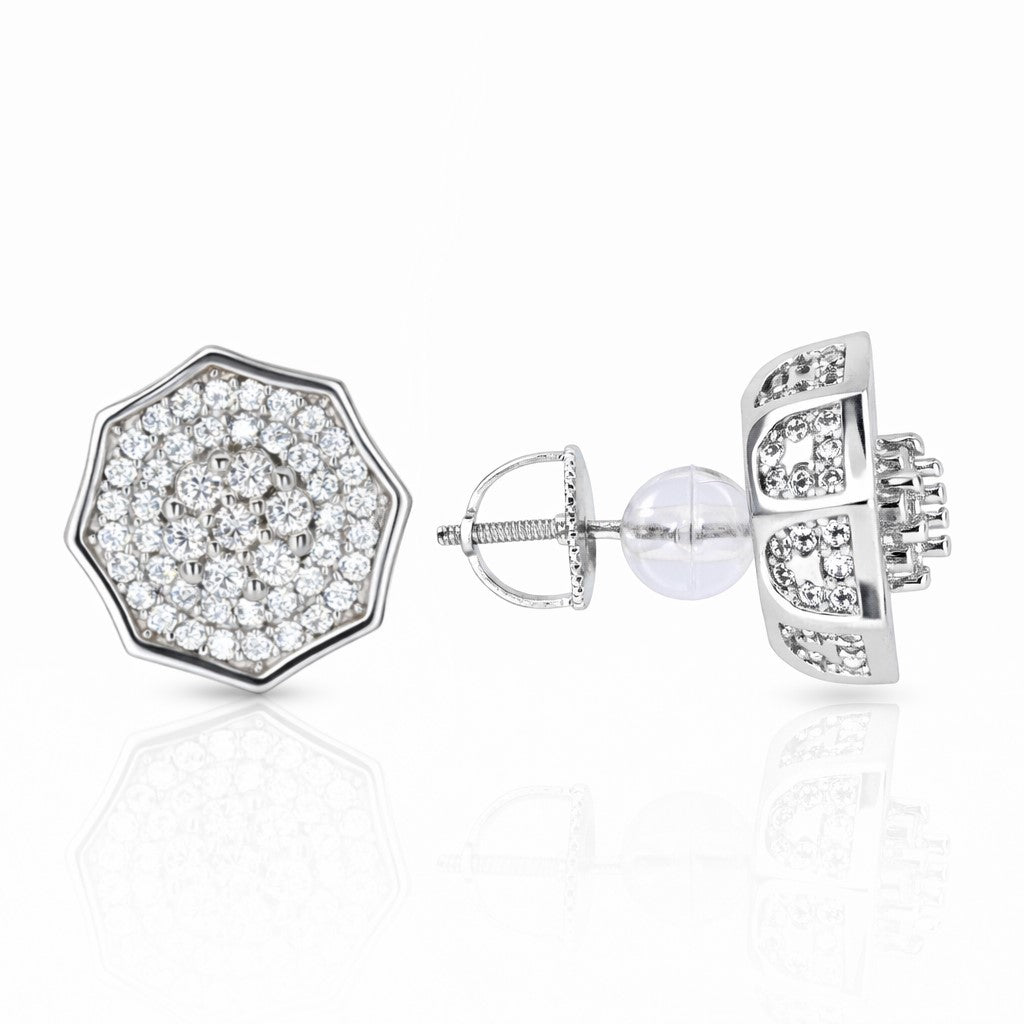 Sterling Silver Pave Set CZ Octagon Stud Earrings