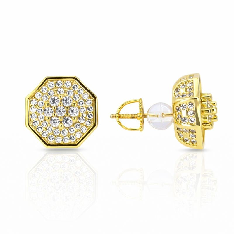 Gold Plated Pave Set CZ Octagon Stud Earrings