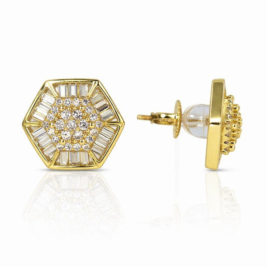 Gold Plated CZ Baguette Octagon Stud Earrings