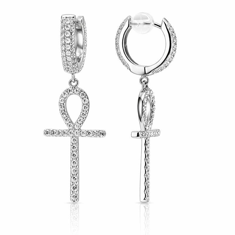Rhodium Plated CZ Ankh Dangle Huggie Earrings