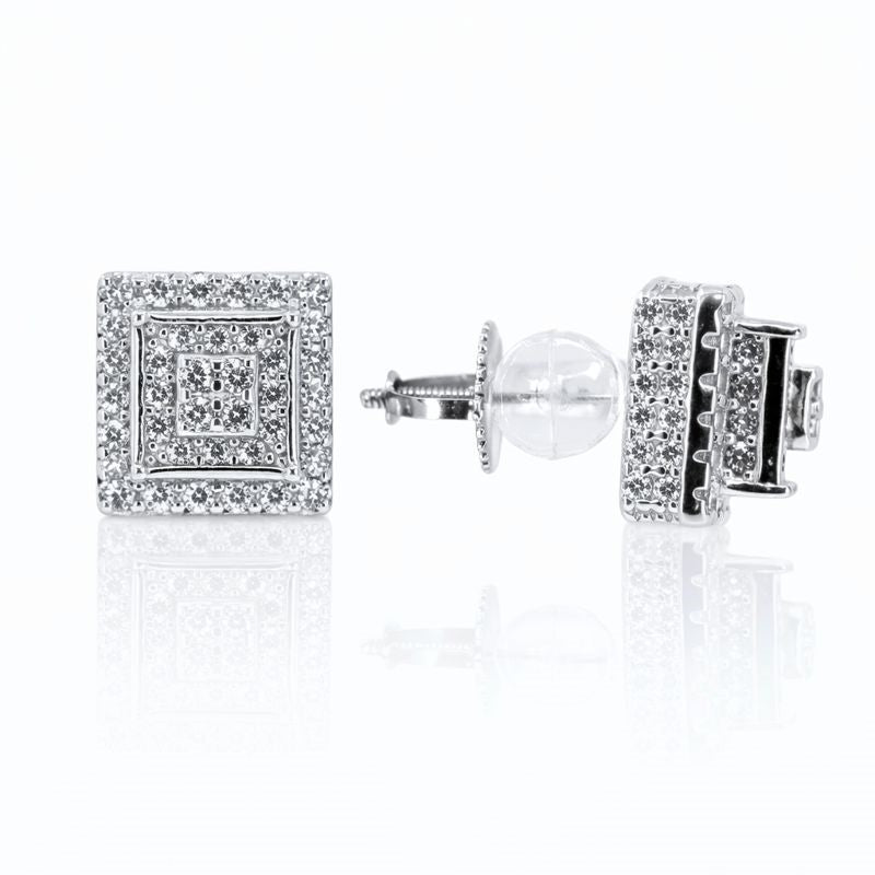 Rhodium Plated CZ Stacked Square Stud Earrings