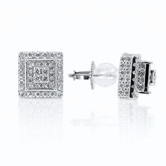 Rhodium Plated CZ Stacked Square Stud Earrings