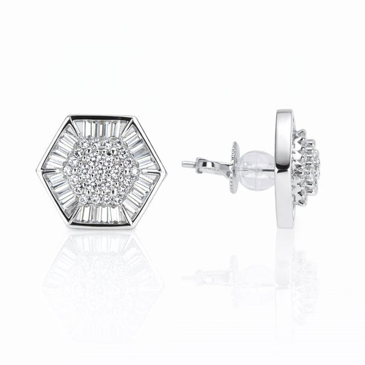 Rhodium Plated CZ Baguette Octagon Stud Earrings