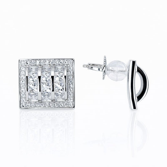 Rhodium Plated CZ Curved Square Stud Earrings