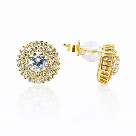 14K Yellow Gold CZ Double Halo Stud Earrings