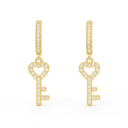 14K Yellow Gold CZ Dangle Key Hoop Earrings