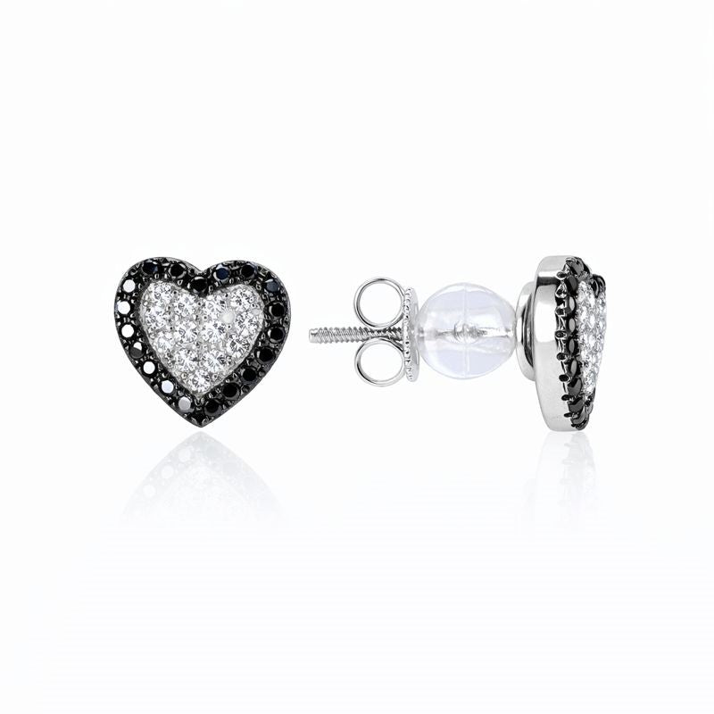 Sterling Silver Black & Clear CZ Heart Stud Earrings