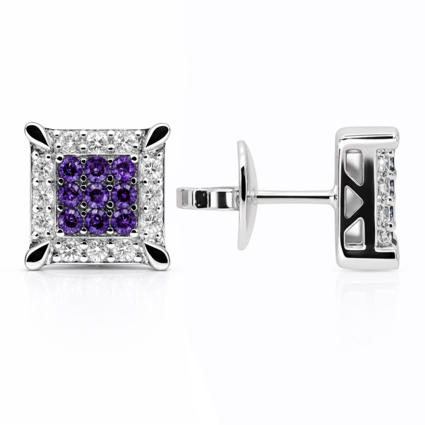 Rhodium Plated Purple & White CZ Square Stud Earrings