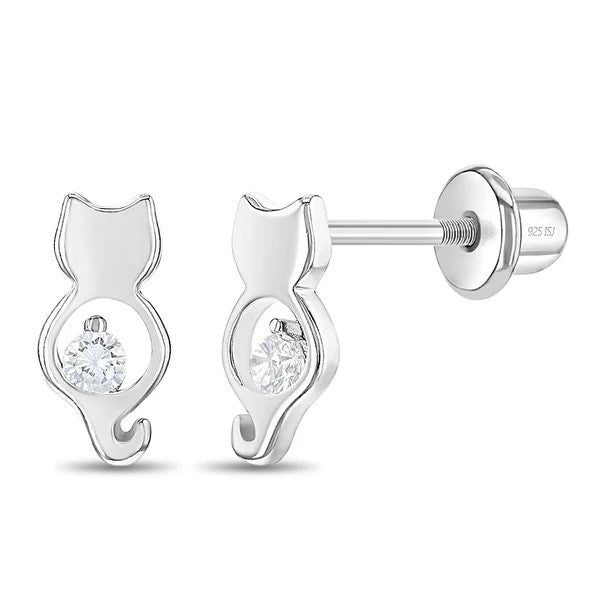 Sterling Silver CZ Kitty Children's Earrings
